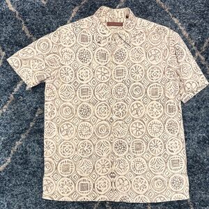 Tori Richard Hawaiian Men's Beige medallion brown Short Sleeve Shirt size Medium